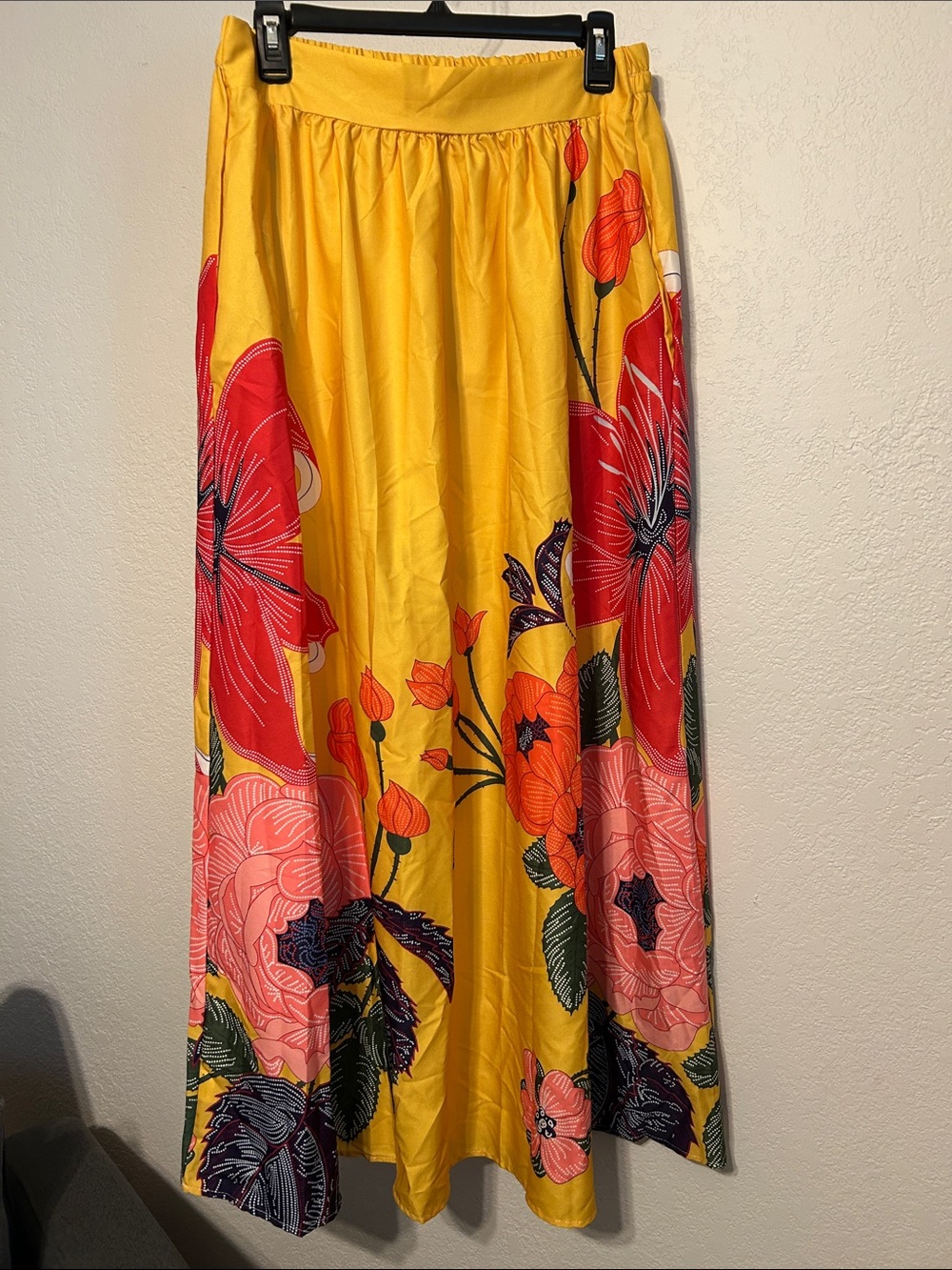 NWOT Bright Yellow Floral Maxi Skirt with Pink & Red Blooms